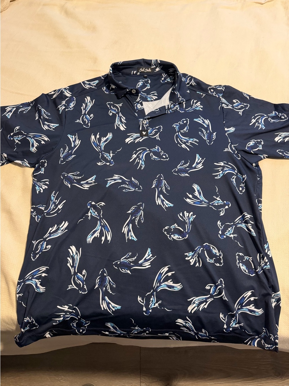 Bad Birdie Navy Polo with White & Light Blue Koi Print